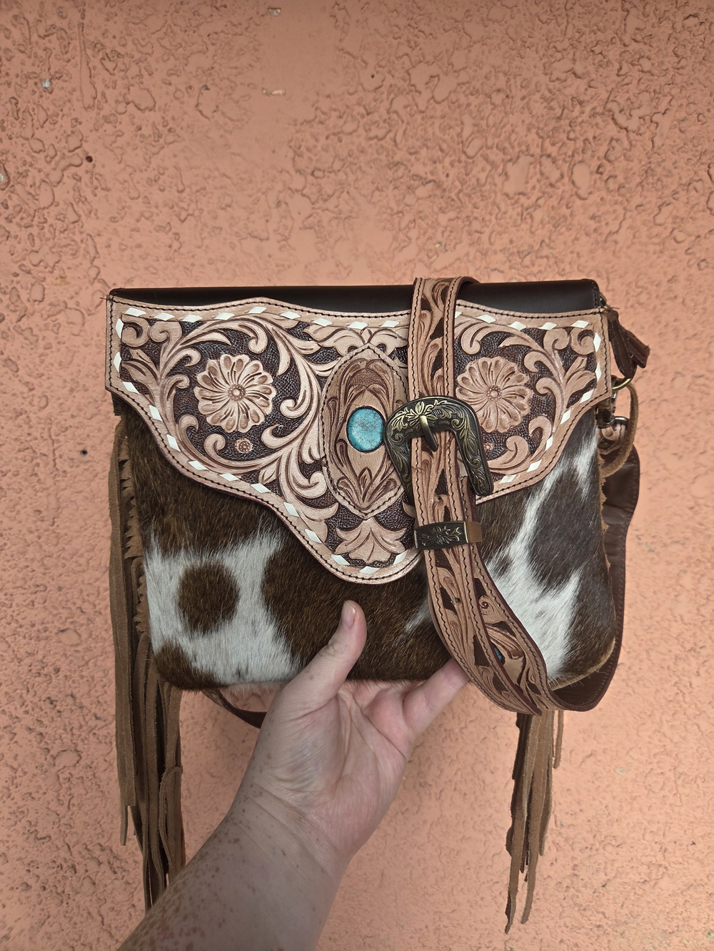 Handcrafted Western Cowhide Leather Crossbody Bag with Turquoise Accent